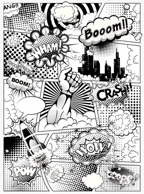 Premium Vector | Black and white comic book page divided by lines with speech bubbles, rocket, superhero hand and sounds effect. illustration Comic Book Wallpaper, Comic Book Page, Spiderman Comic Art, Comic Book Frames, Comic Party, Vector Black And White, Black And White Comics, Superhero Poster, Comic Book Art Style