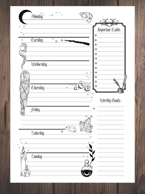 Witchy Printables Journal Pages, Witchy Weekly Planner, Witchy Journal Ideas, Witchy Bullet Journal, Books Bullet Journal, Printable Grimoire Pages, Witch Planner, Witchy Planner, Weekly Planner Sheets