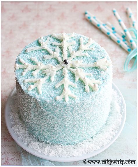 Stunning WINTER CAKE, topped off with a sparkly chocolate SNOWFLAKE plus there is a video tutorial so you can easily make one too. From cakewhiz.com Winter Wonderland Smash Cake, Torte Frozen, White Chocolate Snowflakes, Schnee Party, Jul Kaka, Winter Torte, Winter Wonderland Cake, Bolo Frozen, Christmas Themed Cake