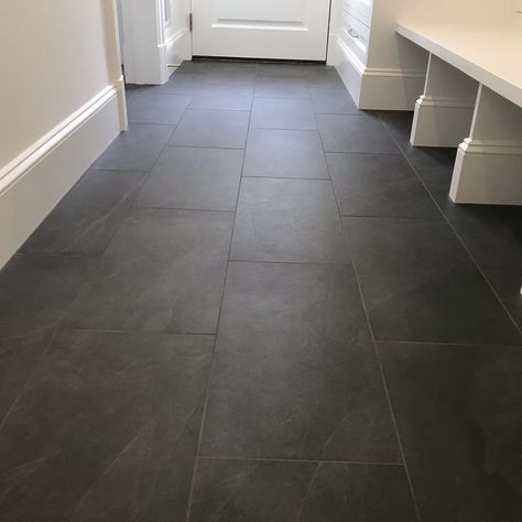 Mudroom envy 🤩 12x24” black slate porcelain Simple & Clean ✅ #coronamarbleandtile #teamcoronatile #professional #tilecontractor… | Instagram Grey Tile Mudroom, Powder Room Black Tile Floor, Charcoal Bathroom Floor Tile, Bathroom Black Slate Floor, Slate Floor Sunroom, Simple Tiles Design For Floor, Mudroom Floor Tiles, Slate Bathroom Floor Tiles, Marble Laundry Room Floor