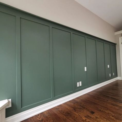 Forest Green Accent Wall Office, Forest Green Panelling, Half Wall Ideas Bedroom, Green Wall Moulding, Forest Green Feature Wall, Green Half Wall Panelling, Dark Green Board And Batten Wall, Green Panelling Living Rooms, Dark Green Panelling