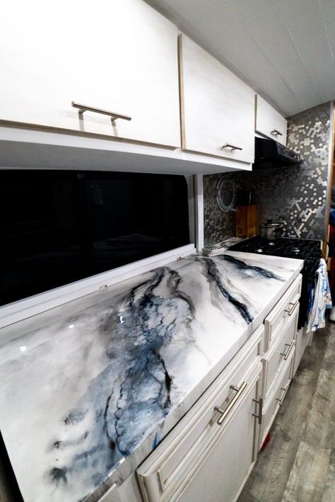 Stone Coat Countertop, Van Kitchen, Epoxy Countertops, Resin Countertops, Diy Kitchen Countertops, Epoxy Countertop, Van Life Diy, Diy Epoxy, Bus Conversion