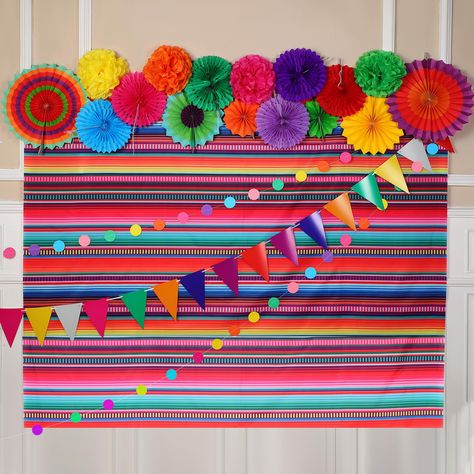 PRICES MAY VARY. Fiesta Party Decorations Set: you will get 1 piece of Mexican theme striped fiesta backdrop with rope, 6 pieces of paper fans, 6 pieces of 10 inch hollow paper fans, 4 pieces of tissue paper flowers, 1 piece of rainbow triangle bunting flag, 1 piece of circle dot garland, a nice combination and rich amount can meet your use and decoration needs easily Light up the Party Vibes: the fiesta party supplies are designed with many bright colors, such as purple, red, pink, orange, yell Guatemala Party Decorations, Mexico Themed Birthday Party, Elegant Mexican Theme Party, Cinco De Mayo Birthday Party, Fiesta Theme Party Decorations, Mexican Fiesta Party Decorations, Dot Garland, Rainbow Triangle, Triangle Bunting