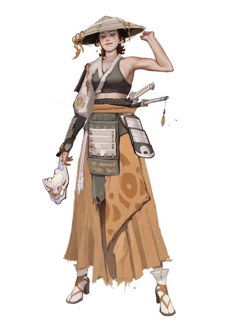 Croquis, Japanese Traveler Character, Samurai Female Outfit, Japanese Dnd Character, Samurai Girl Drawing, East Asian Character Design, Traveller Character Design, Samurai Outfit Character Design, Samurai Girl Art