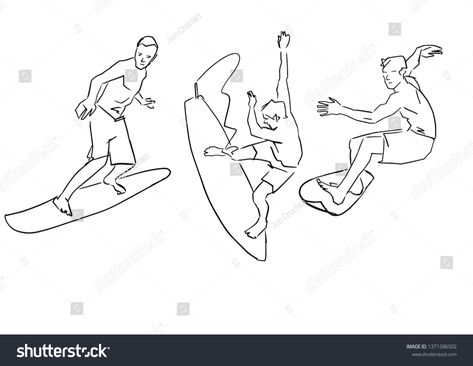 Set of surfers. Male surfer on surfboard in different poses. Hand drawn silhouette. Black lines drawing. Abstract contour. Vector collection. Active recreation. #Ad , #sponsored, #Hand#poses#silhouette#drawn Croquis, Surfer Poses Reference, Surfboard Pose Reference, Surfing Reference Drawing, Surfing Drawing Reference, Surfing Pose Reference, Surfing Reference, Surfing Pose, Surfing Drawing