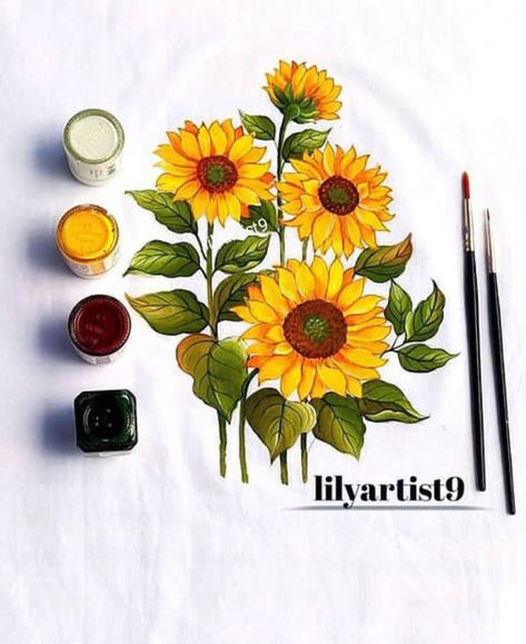 Bunch of sunflower painting on clothes Fabric painting , tutorial on YouTube Sun Flower Fabric Painting, Hand Painted Sunflowers On Fabric, Flower Painting Sunflower, Sunflower Painting On Fabric, Hand Panting Idea, Fabric Painting On Clothes Design, Sunflower Fabric Painting, Painting Ideas On Fabric, Rose Fabric Painting