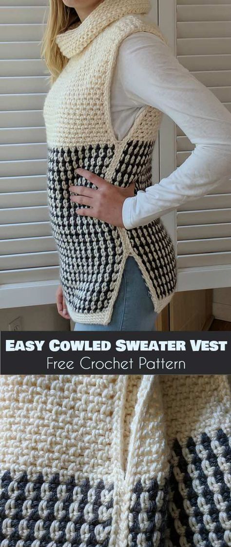 Easy Cowled Sweater Vest [Free Crochet Pattern] Crochet Sweater Vest, Vest Pattern Free, Gilet Crochet, شال كروشيه, Mode Crochet, Crochet Vest Pattern, Crochet Diy, Crochet Jacket, Chale Crochet