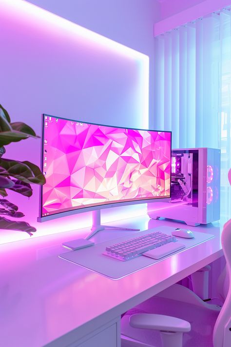 A white desk with a white computer, a silver gaming case and a large curved monitor, white LED lighting in the room. Kawaii, Led Lights Office Aesthetic, Gaming Setup Pink And White, Gaming Room Essentials, Pastel Gamer Room, Girly Desk Aesthetic, Pink Set Up Gaming, Pc Set Ups Aesthetic, Gaming Setup Aesthetic Pink