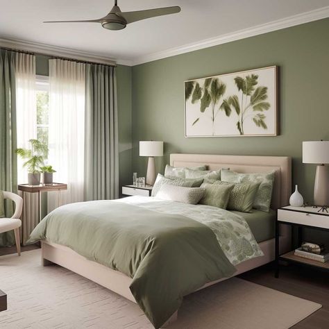 Expert Advice on Bedroom Designing Colour Schemes for Relaxation • 333+ Images • [ArtFacade] Green Room Ideas Bedroom, Green Bedroom Colors, Olive Green Bedrooms, Green And White Bedroom, Green Bedroom Walls, Green Bedroom Design, Green Bedroom Decor, Sage Green Bedroom, Natural Bedroom