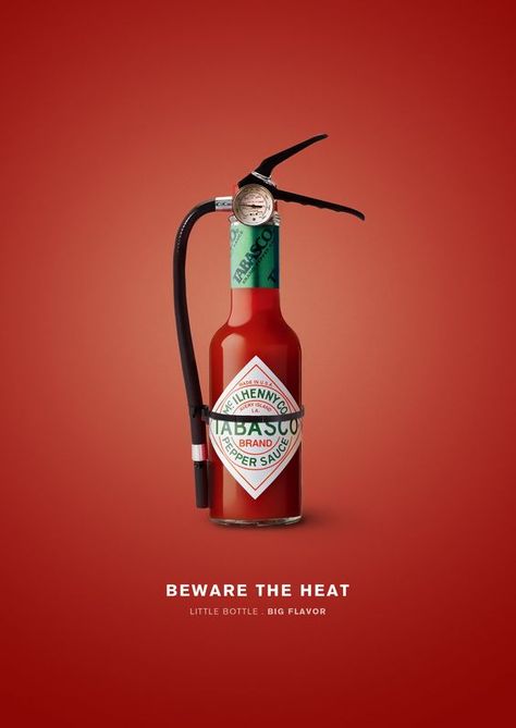 Tabasco graphic. The sauce looks like an extinguisher to showcase how hot the sauce is.: Metaphor Advertising, Creative Advertising Design Ad Campaigns, Tabasco Advertising, Creative Advertising Design Graphics, Product Showcase Design, Tabasco Ads, Product Creative Ads, Product Advertising Design, Clever Branding