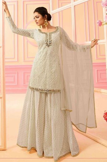 Fancy Salwar Kameez Pakistani White Sharara, Orang India, Yellow Wedding Dress, Sharara Designs, Kameez Designs, Gaun Fashion, Pakaian Feminin, Sharara Suit, Salwar Kamiz