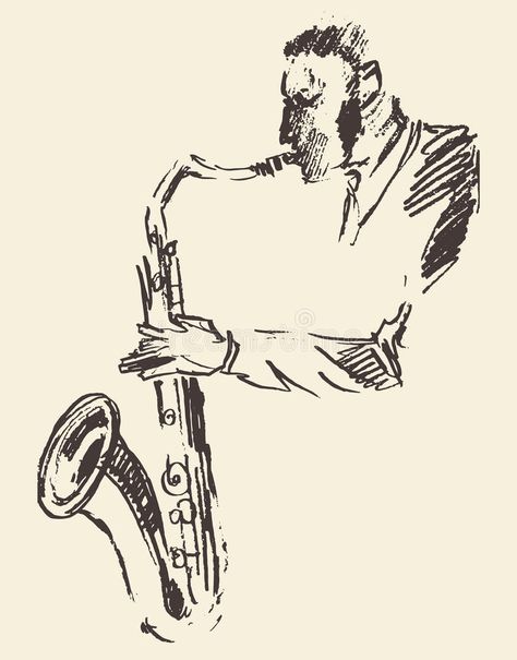 Music Related Sketches, Jazz Inspired Tattoos, Saxaphone Sketch Tattoo, Alto Sax Tattoo, Drawings About Music, Playing Saxophone Drawing, Hand Drawn Illustrations, Saxaphone Sketch, Singing Doodle