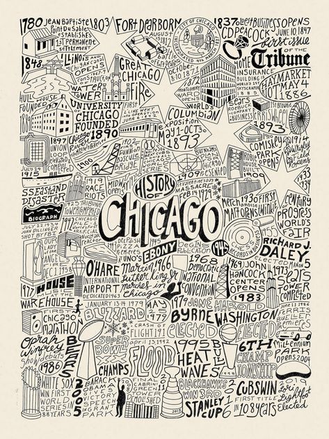 History of Chicago — Joe Mills Illustration Chicago Doodles, Apartment Boston, Chicago Collage, Chicago Illustration, Chicago Graphic Design, Apartment Prints, Dorm Prints, Silver Surfer Comic, Chicago Art Print