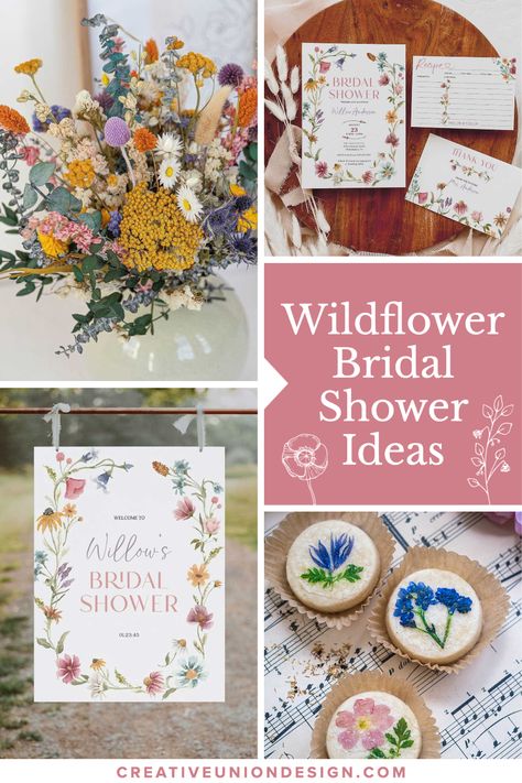 Recipes Bridal Shower Ideas, Spring Flowers Bridal Shower, Bridal Shower Garden Party Decorations, Summer Boho Bridal Shower Ideas, Flower Bridal Shower Invitations, Wildflower Bridal Shower Table Decor, Wildflower Bridal Brunch, Bridal Shower Wild Flower Theme, Wild Flowers Bridal Shower Theme