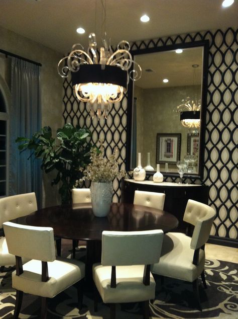 Swanky Dining Room, Black Dining Room Ideas, Bold Rug, Room Upgrades, Unique Chandelier, Dream Dining Room, Black Dining, Dining Room Ideas, Black Dining Room