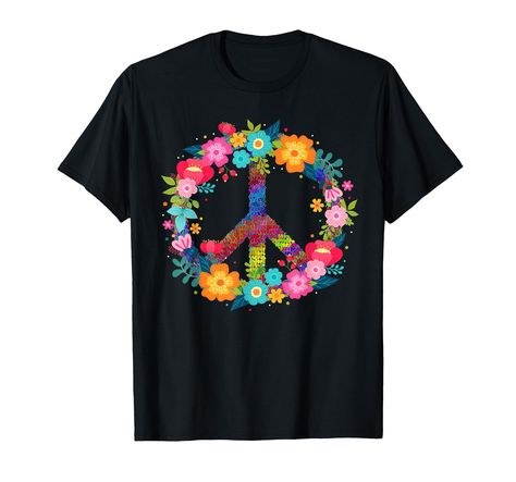 PRICES MAY VARY. Vibrant peace symbols and floral patterns evoke the free-spirited essence of the 60s and 70s. A colorful tribute to the hippie movement, perfect for those who cherish retro aesthetics. Lightweight, Classic fit, Double-needle sleeve and bottom hem Colorful Graphic Design, Groovy Vibes, Hippie Designs, Hippie Movement, Surrounded By Flowers, Love And Peace, Hippie Costume, 70s Retro, Retro Tshirt