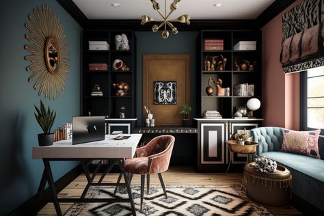 Spooky Home Office, Quirky Home Office Ideas, Vintage Home Offices Cozy, Witch Aesthetic Office, Boho Office Ideas Bohemian, Dark Modern Office Design, Work Office Color Scheme, Maximalist Office Design, Eclectic Office Decor Workspaces