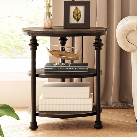 The side table combines natural wood grain finish boards with thickened Roman column table legs to emphasize its carving's side elegant lines and great craftsmanship in details, which showcases a vintage glam style and creates a stylish and luxurious vibe, making it an elegant and timeless eye-catcher to fit perfectly with almost all other furniture items. It is not just a side table, but a decoration artwork, that adds an elegant touch to your living room or bedroom. Round Night Stand Bedside Tables, Cottage Living Room Small, Wood Bed Side Table, Round Side Table Living Room, Living Room Accent Table, Side Table Decor Living Room, Coastal Cottage Living Room, Stand For Bedroom, Side Table Living Room