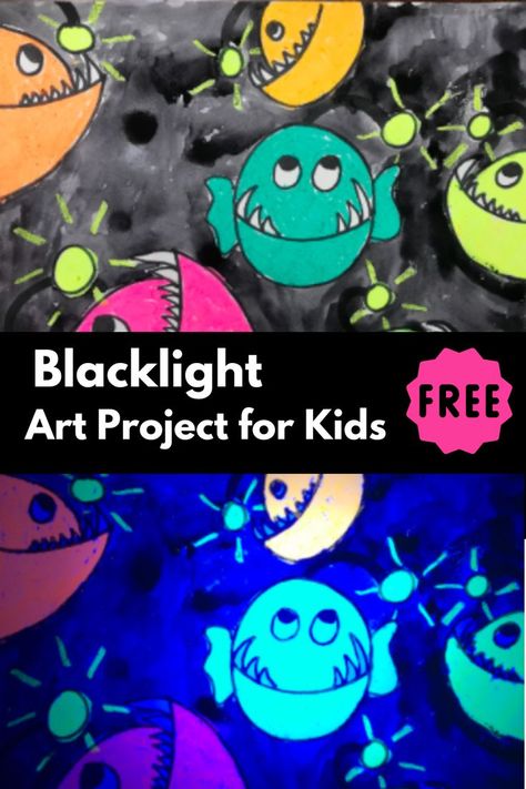 Create awesome neon glowing blacklight art! Learn about the deep sea fish the anglerfish at the same time! Using neon crayons or oil pastels, create fish that glow under a black light. Amaze your friends! Glow In The Dark Elementary Art, Blacklight Art Projects, Neon Art Projects Elementary, Glow In The Dark Art For Kids, Glow Art Projects, Neon Art Projects, Neon Art Projects For Kids, Black Light Art Projects, Glow In The Dark Art Projects