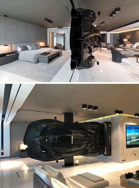 This modern oceanfront condo in Miami has a Pagani Zonda R racing car installed as part of the decor, that serves as a high-impact partition between the living room and master suite. #RacingCar #RoomDivider #ModernInterior Car In House Interior, Home Car Garage Design Interior, Room Full Of Money, Modern Garage Design Interior, Car House Decor, Garage Makeover Ideas, Luxury Condo Interior, Skjulte Rum, Millionaire Mansion