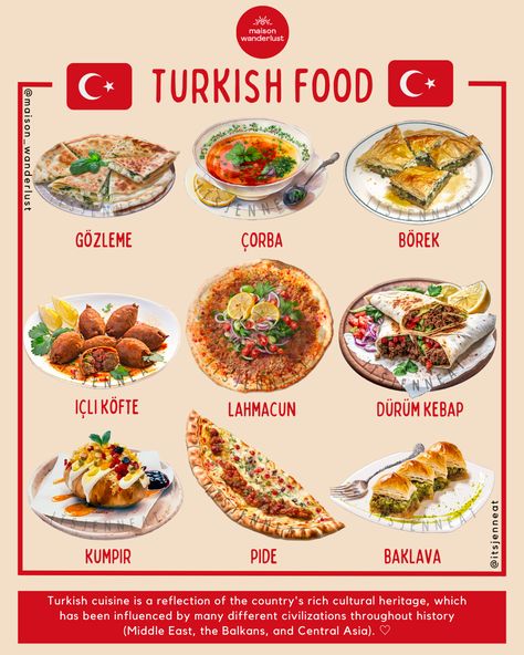 ✧ Turkish cuisine is a reflection of the country’s rich cultural heritage, which has been influenced by many different civilizations throughout history. The cuisine has its roots in the nomadic culture of the Turkish people, who relied on meat and dairy products for sustenance.  ✧ Read the story of the Turkish Cuisine on http://itsjenneat.com Essen, Turkish Snacks Recipes, Traditional Turkish Food, Turkish Dinner, Turkish Aesthetic, Turkish Food Traditional, Turkish Food Recipes, Sweets Business, Turkish Street Food