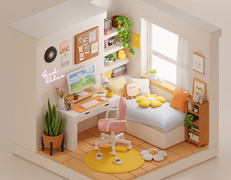 Clay Bedroom, Retro Aesthetic Room, Aesthetic Clay, 3d Isometric, Isometric Design, Tiny House Decor, Tiny Spaces, Cute House, Home Building Design