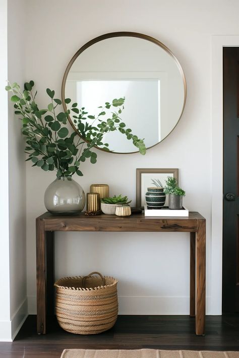 23 Easy Small Apartment Living Room Ideas On A Budget House Entry Table Ideas, Decorating Tables In Living Room, Small Entry Table With Mirror, Entryway Console Decor Ideas, Small Entryway Decor Farmhouse, Small Entryway Table Decor With Mirror, Front Entryway Table Decor, Entryway Table And Mirror, How To Style An Entryway Table