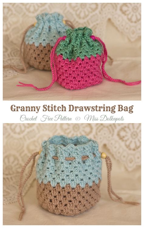 Granny Stitch Drawstring Bag Crochet Free Patterns - Crochet & Knitting Pouch Ideas, Crochet Mini Bag, Crochet Drawstring Bag, Granny Square Haken, Patterns Simple, Cozy Design, Crochet Bag Pattern Free, Aesthetic Crochet, Pouch Tutorial
