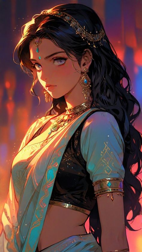 Draupadi Painting, Anime Indian, Dress India, Arabian Princess, Chinese Historical Drama, Dreamy Artwork, Dress Illustration, Traditional Indian Dress, Cool Anime Backgrounds