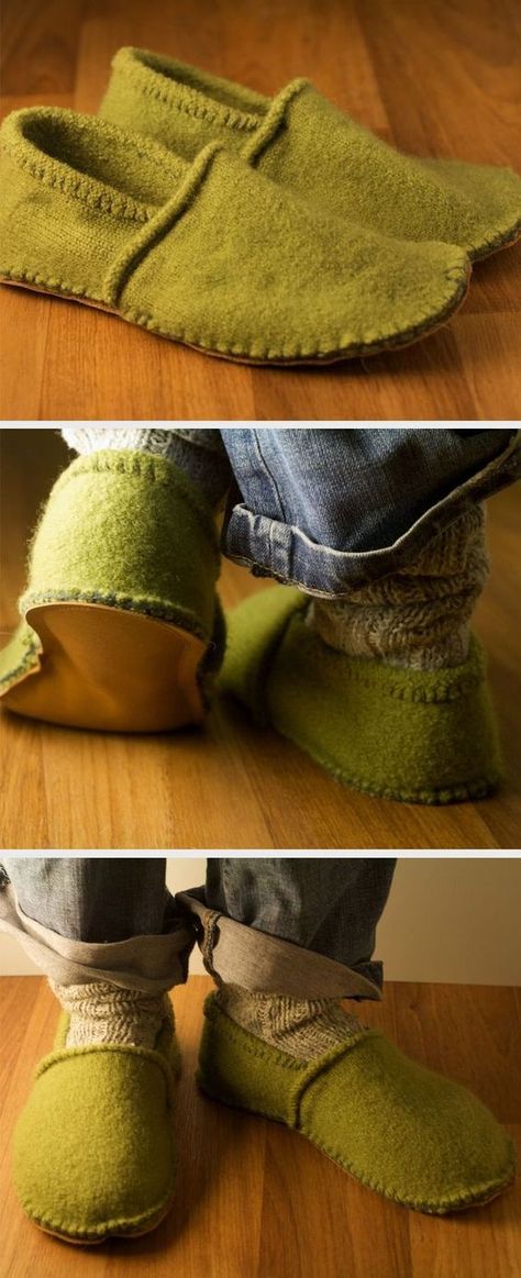 Repurposed Carhartt, Restyling Clothes, Lotr Aesthetic, Homemade Shoes, Green Slippers, Soft Boots, Diy Slippers, Cozy Slippers, Recycled Sweaters