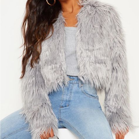 Prettylittlething Faux Fur Coat Brand New With Tags Beautiful Grey Color Fits Xs/S - Eur Size 6 Sold Out Online Shaggy Faux Fur Coat, Brown Denim Jacket, Outfits Con Jeans, Faux Fur Cropped Jacket, Black Faux Fur, Cropped Jacket, Faux Fur Jacket, Faux Fur Coat, Outfits Summer