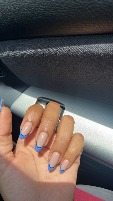 Summer 2024 Nails Blue, Blue Fresh Tip Nails, Simply Almond Nails, Summer Nails Blue Tips, Almond Dark Blue French Tip Nails, Two Tone Blue French Tips, Blue Outlined French Tip Nails, Blue Nails White French Tip, White French Tip Nails With Accent Nail