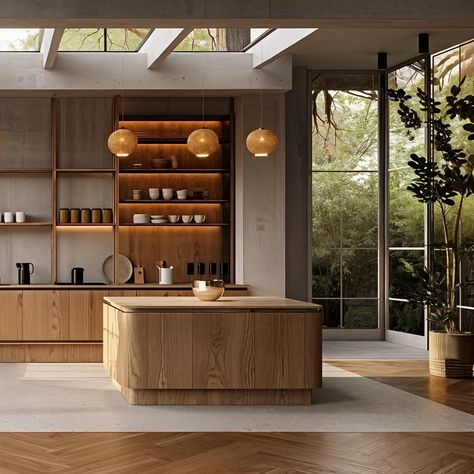 This kitchen embodies the Wabi-Sabi and Japandi aesthetics, merging minimalist Japanese principles with Scandinavian functionality. The space features natural materials, predominantly light wood, creating a warm and inviting atmosphere. Open shelving showcases simple, elegant kitchenware, enhancing the clean and uncluttered look. The large windows and skylights flood the area with natural light, blurring the boundaries between indoors and outdoors and highlighting the organic textures and fin... Japandi Style Home, Japandi Style Kitchen, Wabi Sabi Kitchen, Japandi House, Japanese Style Kitchen, Japandi Home Decor, Japandi Kitchen, Neutral Interior Design, Japandi Interior Design