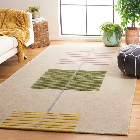 SAFAVIEH Handmade Genre Hans Mid-Century Modern Wool Rug - On Sale - Bed Bath & Beyond - 38038750 Tufted Area Rugs, Small Living Room Rugs, Yellow And Green Rug, Olive Green Rug Living Room, Cool Rugs Living Room, Mid Century Modern Rugs Living Rooms, Mid Century Spanish Style, Mcm Rugs, Colorful Mid Century Modern Living Room