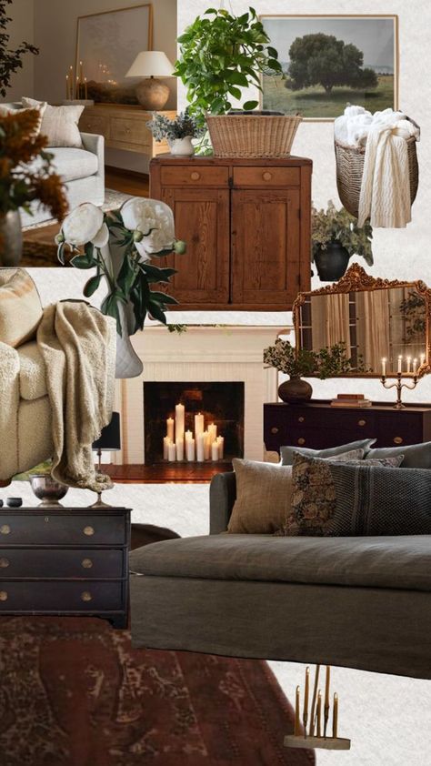 Styling Accent Chairs, Tall Angled Ceiling Living Room, Big Couch Small Living Room Layout, Slant Ceiling Living Room, Living Room Set Up Ideas With Fireplace, Cozy Living Rooms Vintage, Different Woods In One Room, Vintage Modern Cottage Living Room, Linen Couch Living Room Decor