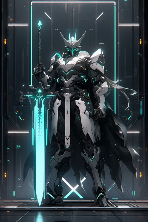 A formidable white and black mecha, its armor shimmering like precious pearls, wielding a turquoise glow sword that resonates with the ebb and flow of powerful waves, a symbol of its unwavering resolve. Fantasy Robot Art, Black And White Armor, Mecha Knight, Mecha Armor, Mech Armor, White Ninja, Powered Armor, Sci Fi Character Design, Star Wars Painting