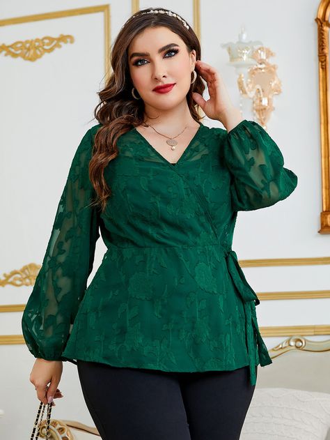 Dark Green Casual  Long Sleeve Polyester Plain Peplum Embellished Non-Stretch Spring/Fall Plus Size Tops Plus Size Soiree Blouse, Green Lace Top Outfit, Soiree Blouse, Plus Size Top Pattern, Lace Top Outfits, Pluse Size, Green Lace Blouse, Green Lace Top, Plus Size Summer Fashion