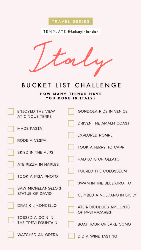 Explore italy Italy Bucket List, List Challenges, Travel Destinations Bucket Lists, Bahasa Korea, Voyage Europe, Travel Checklist, Bucket List Destinations, Destination Voyage, Template Instagram