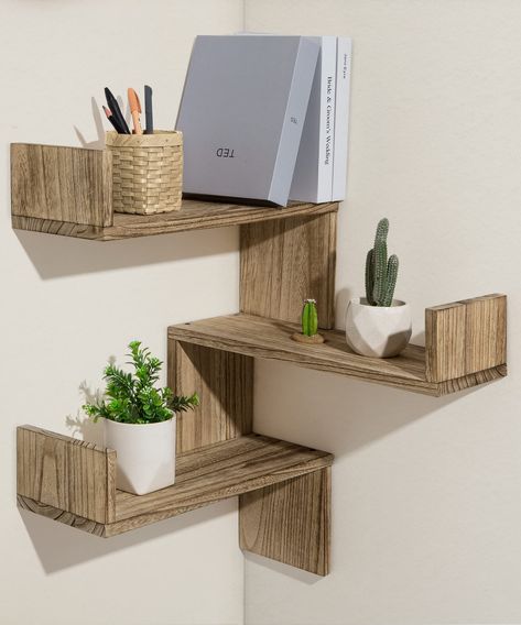 Wooden Corner Shelf, Corner Shelf Design, Corner Shelf Ideas, Wood Storage Rack, Bathroom Corner Shelf, Wood Storage Shelves, Shelves For Wall, Floating Bookshelves, Floating Corner Shelves