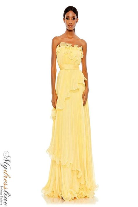 Yellow Dress Formal, Ring Dance Dresses, Yellow Wedding Guest Dresses, Yellow Ruffle Dress, Wedding Guest Dress Inspiration, Yellow Chiffon Dress, Ethereal Gown, Spring Ball, Bridesmaid Tulle