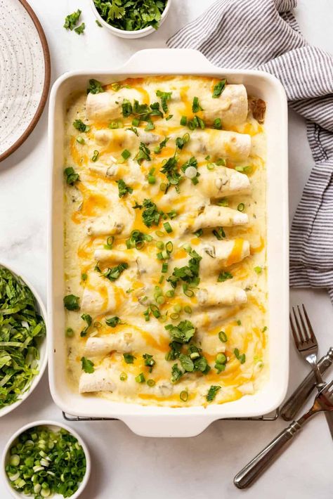 Chicken Enchiladas With White Sauce Cream Cheese, Enchilada Recipe White Sauce, Chicken Enchiladas With Rotisserie, Enchiladas With Rotisserie Chicken, What To Make With Shredded Chicken, Ground Chicken Enchiladas, Recipes For Shredded Chicken, White Enchiladas, Chicken Enchiladas With White Sauce