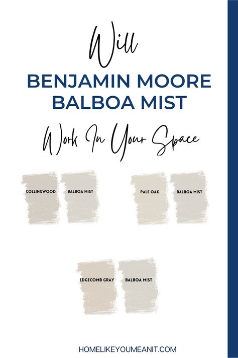 It can be tricky to find a warm gray paint, and if you’ve been on the hunt for a while, you might be plesantly surprised with Benjamin Moore Balboa Mist. Even though a warm gray might be on your radar, don’t make the decision just yet. Stick around as we unpack Balboa Mist’s undertones and learn whether or not it will work in your space. Fog Mist Benjamin Moore, Balboa Mist Benjamin Moore, Benjamin Moore Balboa Mist, Purple Accent Pillows, Balboa Mist, Light Grey Paint Colors, Warm Gray Paint, Edgecomb Gray, Cabinets Makeover