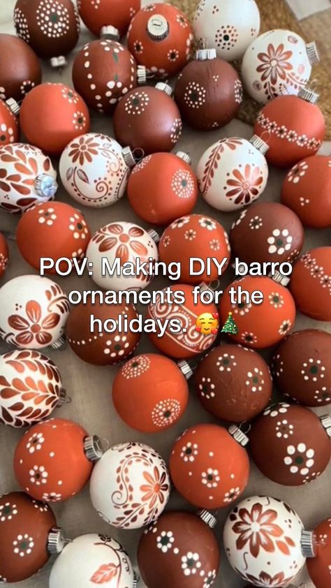 Shop Latinx | FINE, we’ll go to the craft store to make these DIY barro ornaments. 🥰🏺 ⠀⠀⠀⠀⠀⠀⠀⠀⠀ TT: blankisj2 | Instagram Natal, Mexican Theme Christmas Decorations, New Mexican Art, Make Ornaments Diy, Mexican Christmas Tree Ideas, Diy Mexican Ornaments, Barro Ornaments, Diy Mexican Christmas Ornaments, Mexican Theme Christmas Tree
