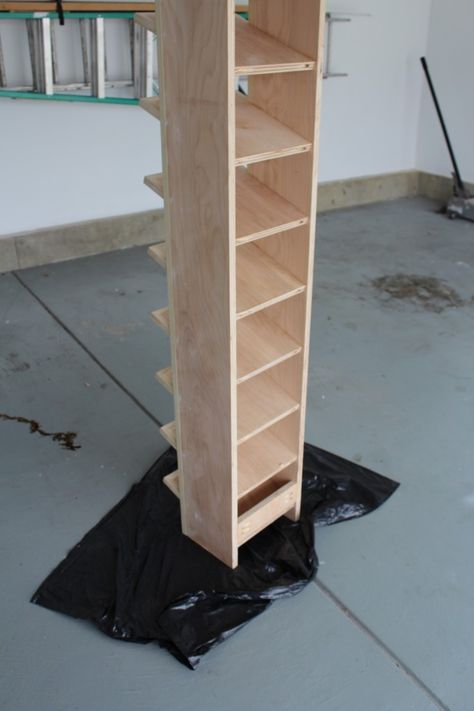 Garage Shoe Rack Part 2 - Our Home from Scratch Diy Tall Shoe Rack, Shoe Rack Diy Closet, Diy Narrow Shoe Rack, Slanted Shoe Shelves Diy, Wooden Shoe Rack Ideas Small Spaces, Vertical Shoe Rack Ideas, Shoe Tower Diy, Diy Vertical Shoe Rack, How To Make A Shoe Rack