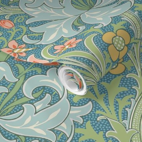 Modern Craftsman Interior, Fav Wallpaper, Large Floral Wallpaper, Eclectic Bedroom Design, Arts And Crafts Wallpaper, Glass Drawing, Arts And Crafts Interior Design, Floral Wallpaper Bedroom, Floral Art Nouveau