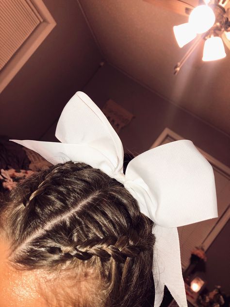 #hair #cheer #cheerhairstyles Cheer Hairstyles With Bows Braids, High Ponytail Hairstyles Cheerleader, Cheer Half Up Half Down Hair With Bow, High Pony Cheer Hair, Cheerleader Hairstyles With Bows Cheer Hair High Ponytails, Cheer Hairstyles Ponytail, 2 Dutch Braids Into A Ponytail, Cheer Leader Hairstyles, Cheer Bow Hairstyles