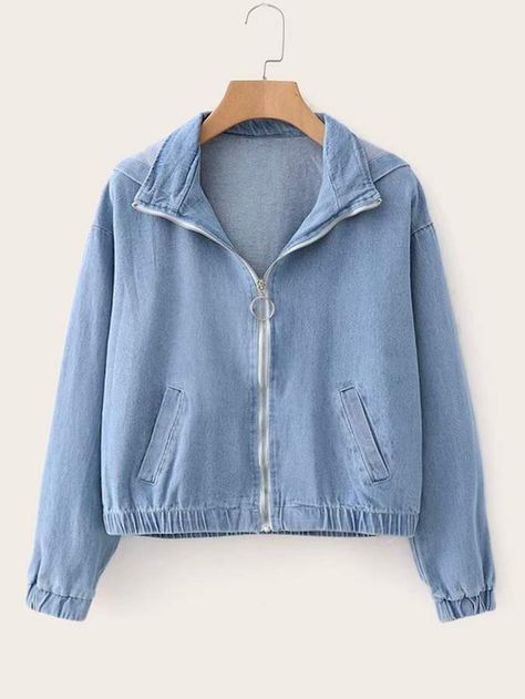 Shein O-ring Zip Up Hooded Denim Jacket Jaket Denim, Denim Jacket Outfit, Hooded Denim Jacket, Trendy Fashion Tops, Denim Jacket Women, Looks Chic, Girls Fashion Clothes, Casual Coat, Teenage Fashion Outfits