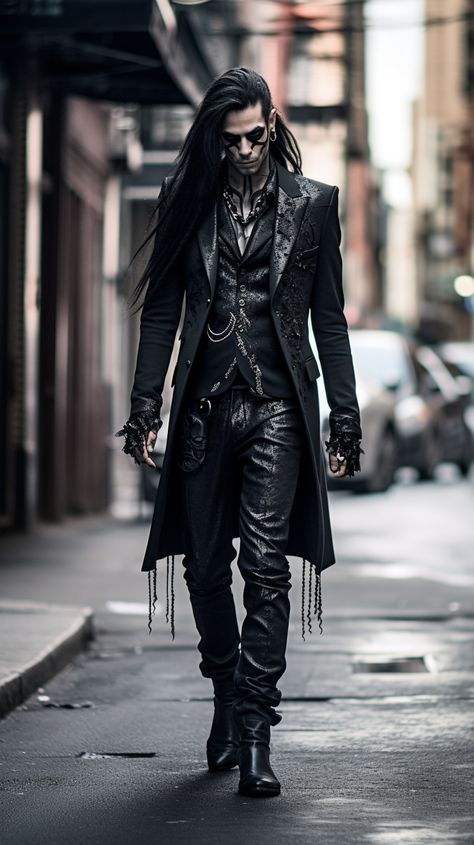 Goth man created with AI by Amanda Church Mens Vampire Outfit, Gothic Man Aesthetic, Man Gothic Fashion, Gothic Attire Men, Goth Mens Suit, Mens Witch Costume, Gothic Victorian Men, Witch Costumes For Men, Mens Witchy Outfits