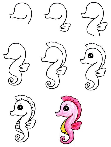 How To Draw A Seahorse Easy, How To Draw Seahorse Step By Step, Cute Sea Animal Drawings Simple, Seahorse Simple Drawing, Sea Horse Painting Easy, How To Draw A Seahorse Step By Step, Simple Seahorse Drawing, Drawing Ideas Easy Animals Step By Step, Easy Seahorse Drawing