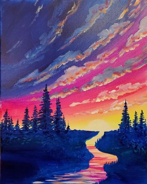 Sunrise Art Painting, Pinots Palette Paintings, Arrow Painting, Sunset Landscape Painting, Pinots Palette, Painting Parties, Sun Painting, Sunrise Art, River Painting